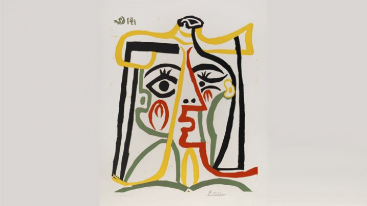 Pablo Picasso. Retrato de Jacqueline con sombrero de paja. 1963. Linóleo estampado en colores sobre papel Arches. 75 x 62 cm Col